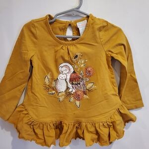 Maggie & Zoe 24 Month Mustard Long-Sleeve Ruffle Hem Owl Print Top